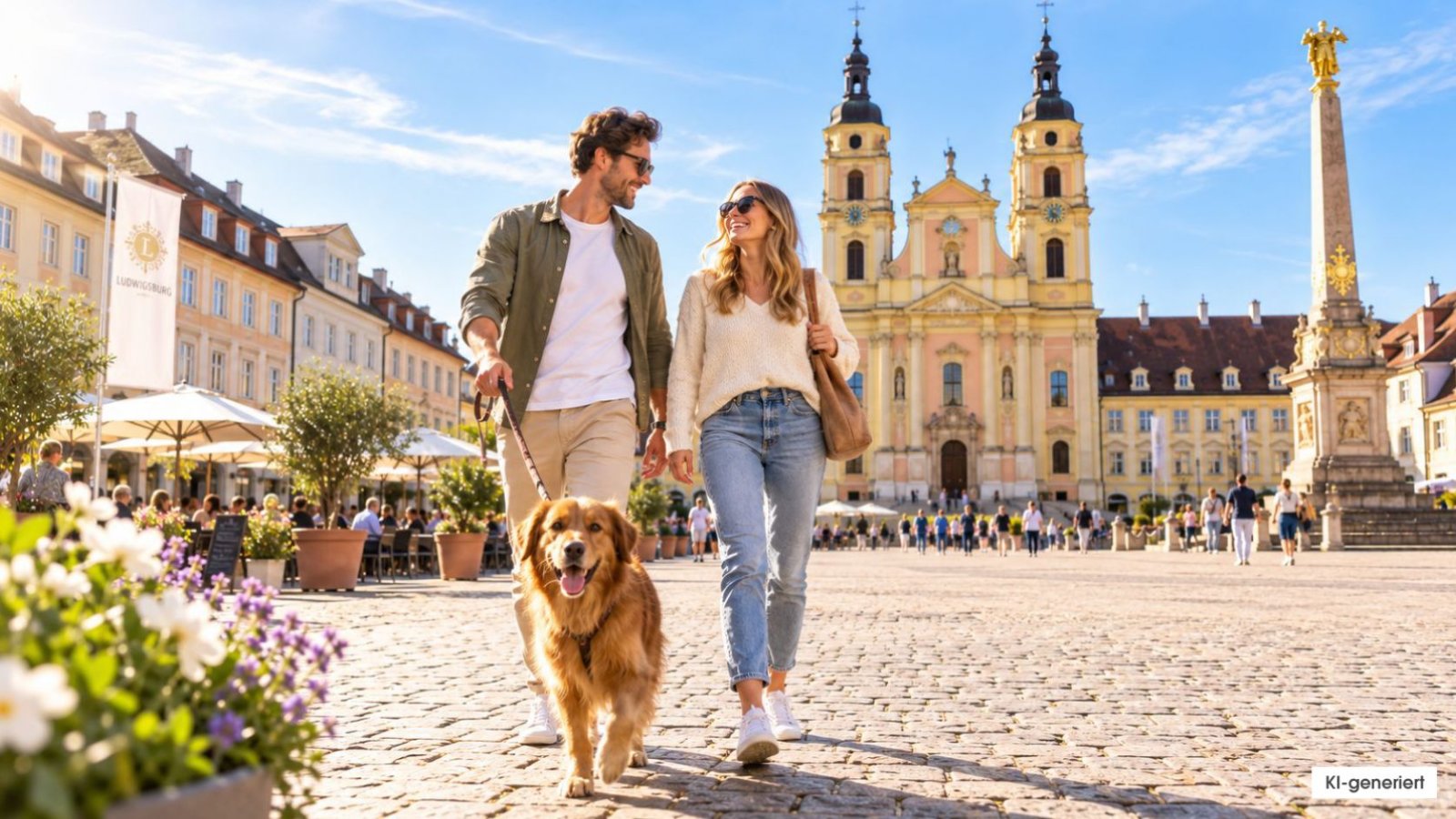 Nachbars Lumpi Mensch-Hund-Coaching entspannter Hund auf dem Ludwigsburger Marktplatz (KI-generiert)
