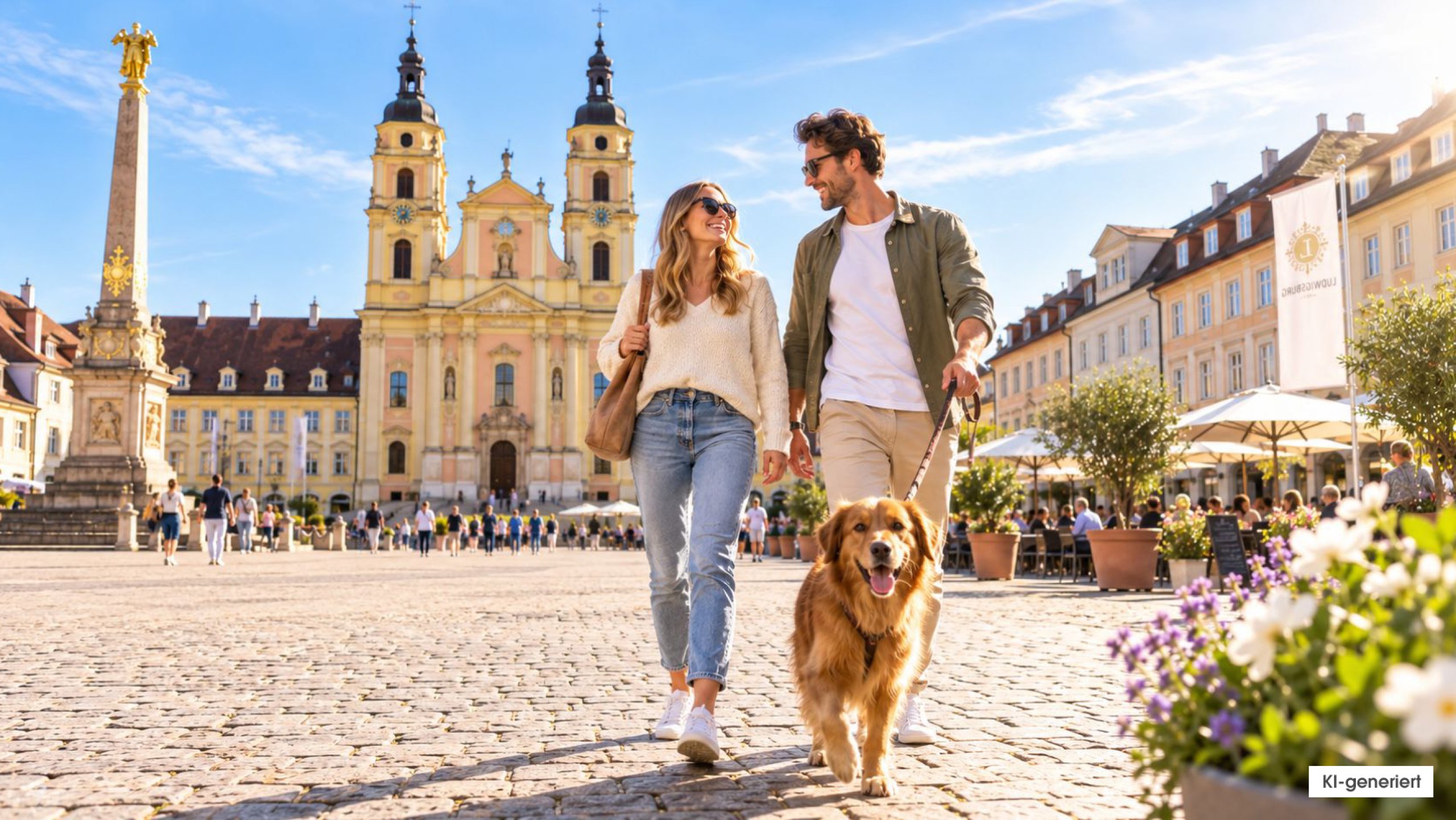Nachbars Lumpi Mensch-Hund-Coaching entspannter Hund auf dem Ludwigsburger Marktplatz (KI-generiert)